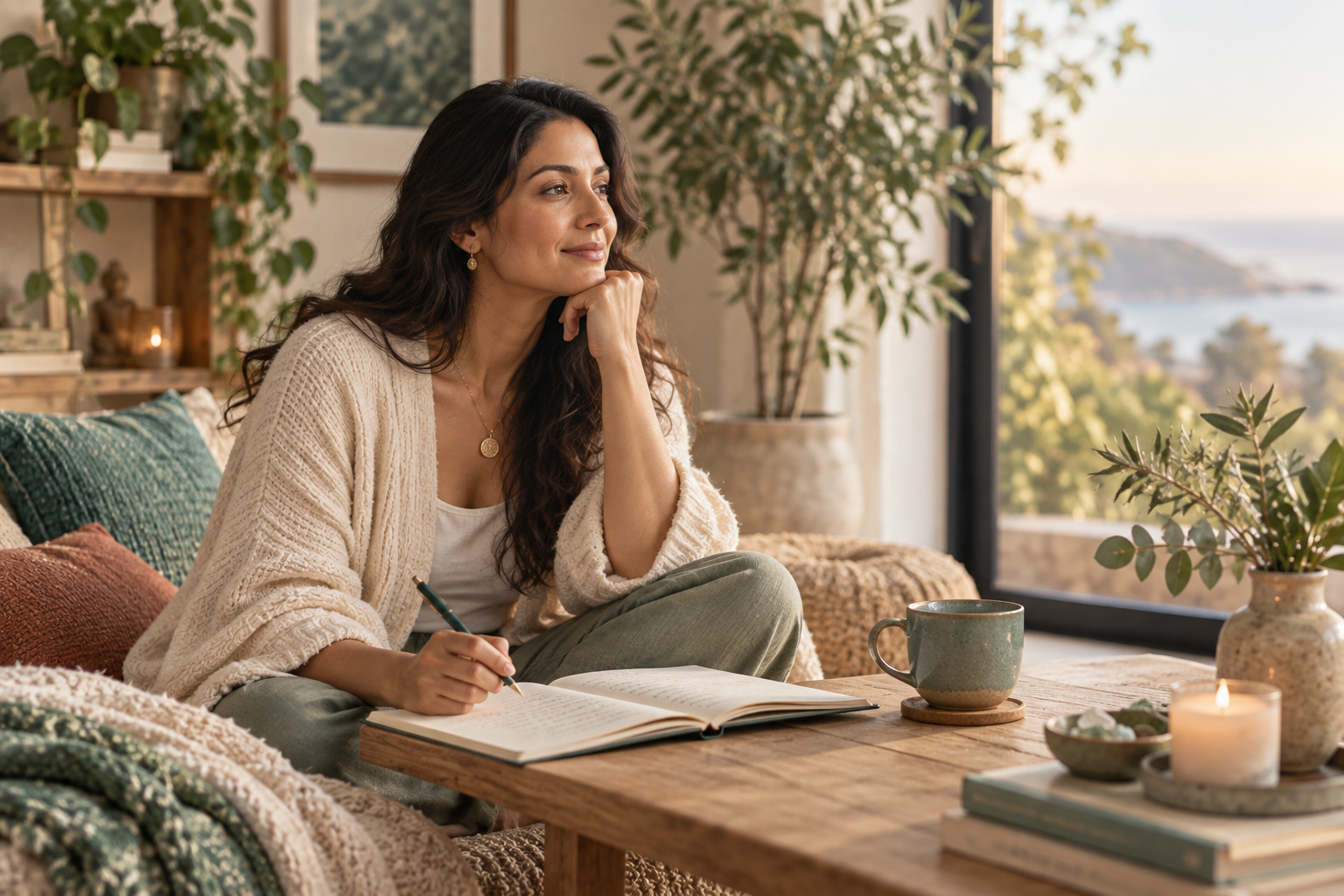 Calm online emotional fitness practice with notebook and reflective workspace