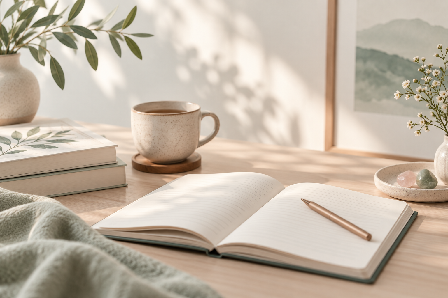 Journal, notebook and calming space for emotional wellbeing insights