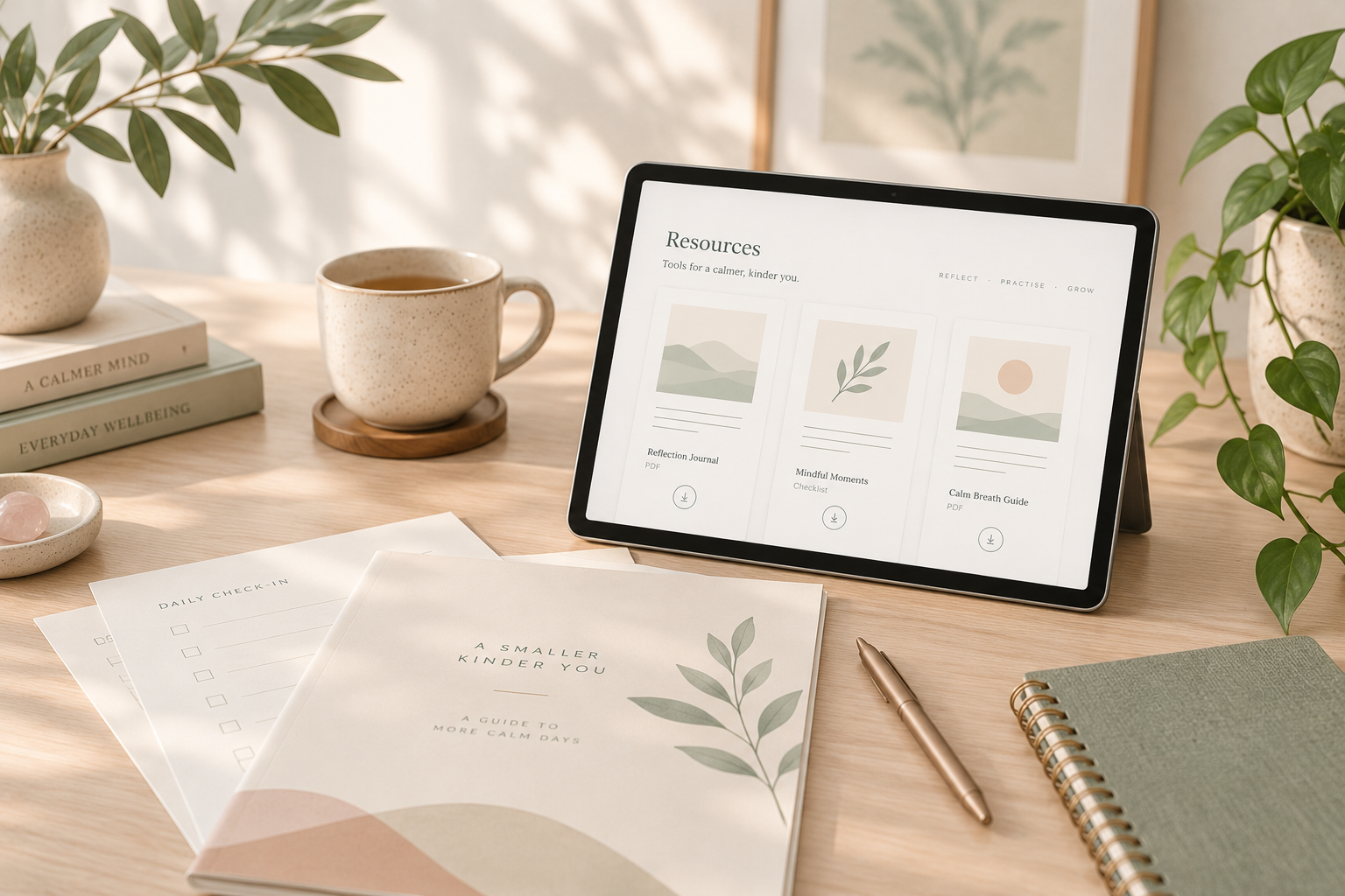 Wellbeing guides and free resources displayed on a calm workspace